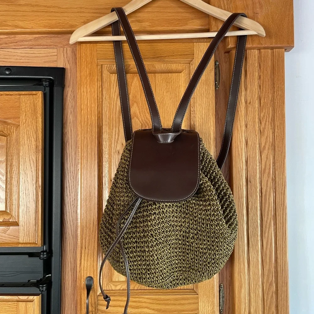 Cappelli Straworld Olive Green Woven Raffia Backpack Brown Faux Leather Trim